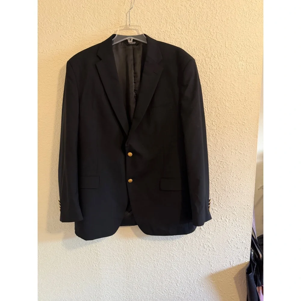 Jos A Bank Executive Mens 46 Long Black 100% Wool 2‎ Button Blazer Gold Button